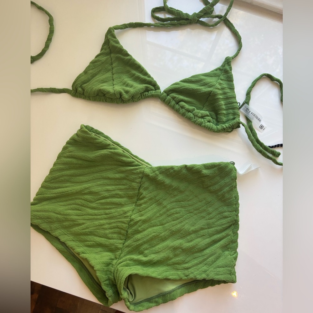 Berlook Green Textured Bikini Top and swim shorts